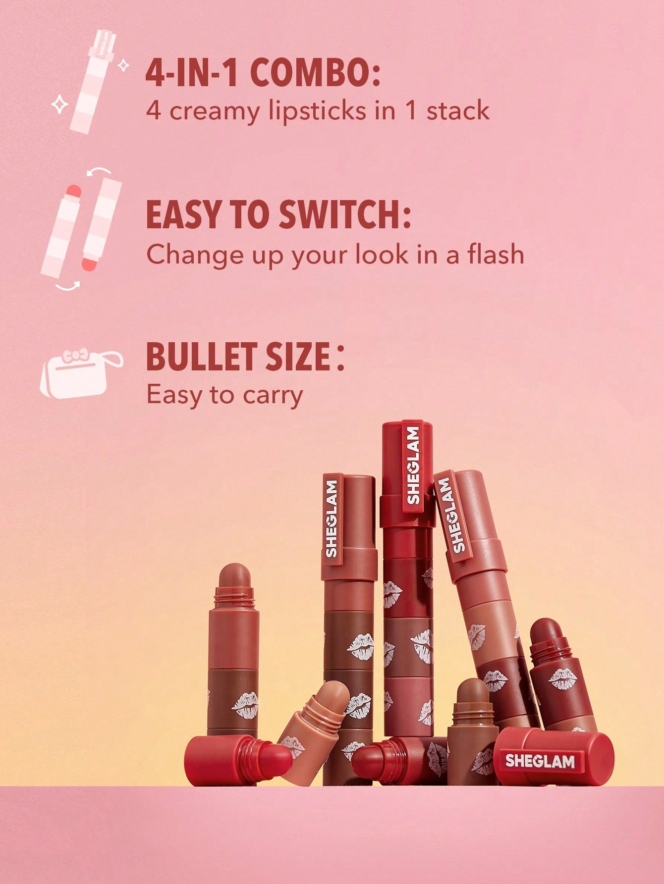Помада для губ 4в1 Sheglam MEGA LIP STACKS-NUDE-BARE STACK