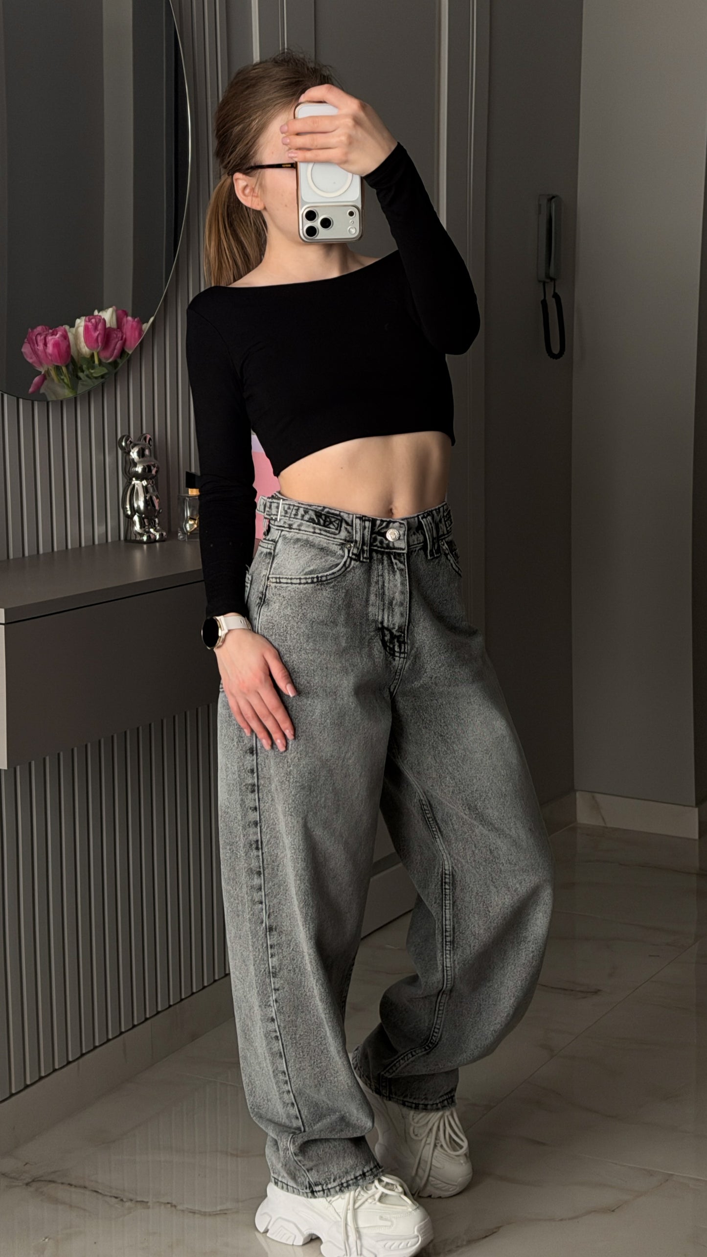 Джинси баггі графіт з затяжками