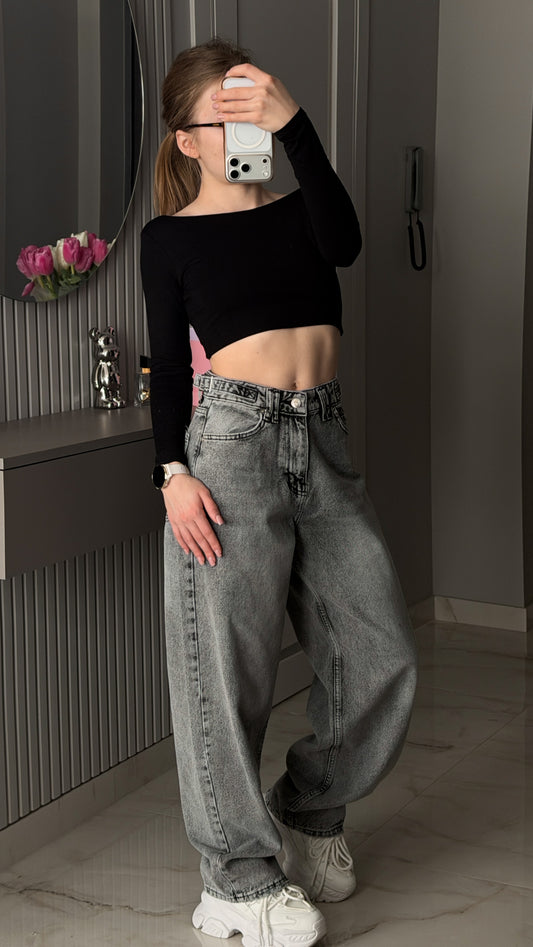 Джинси баггі графіт з затяжками