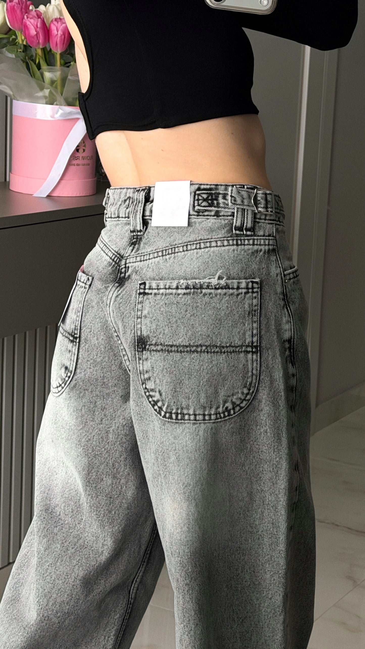 Джинси баггі графіт з затяжками