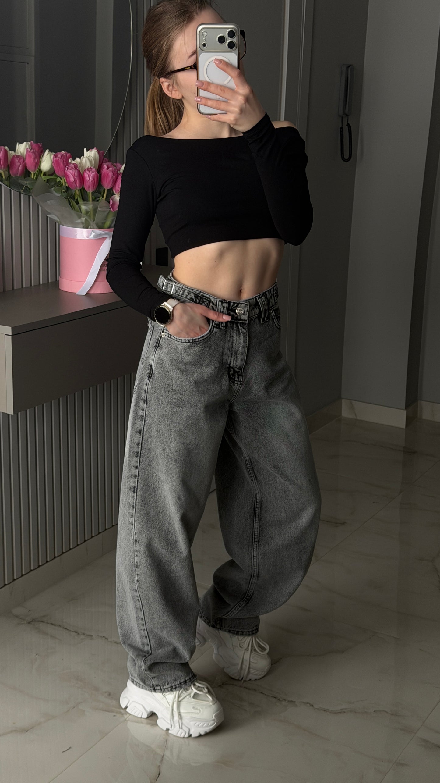 Джинси баггі графіт з затяжками