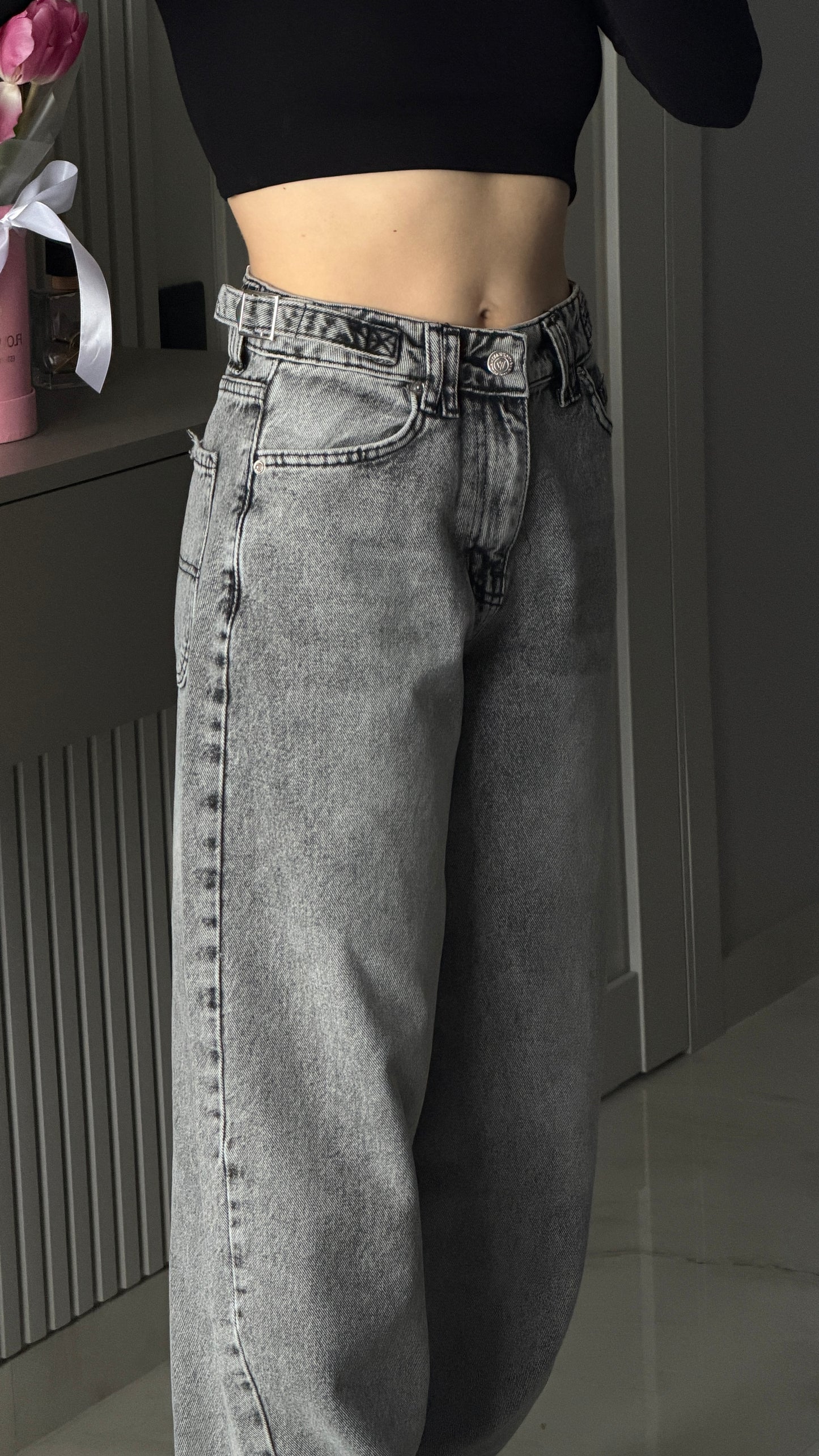 Джинси баггі графіт з затяжками