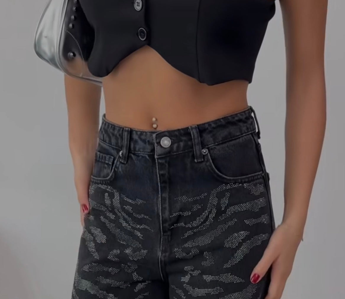 Джинси з камінцями l зі стразами (тигровий принт)