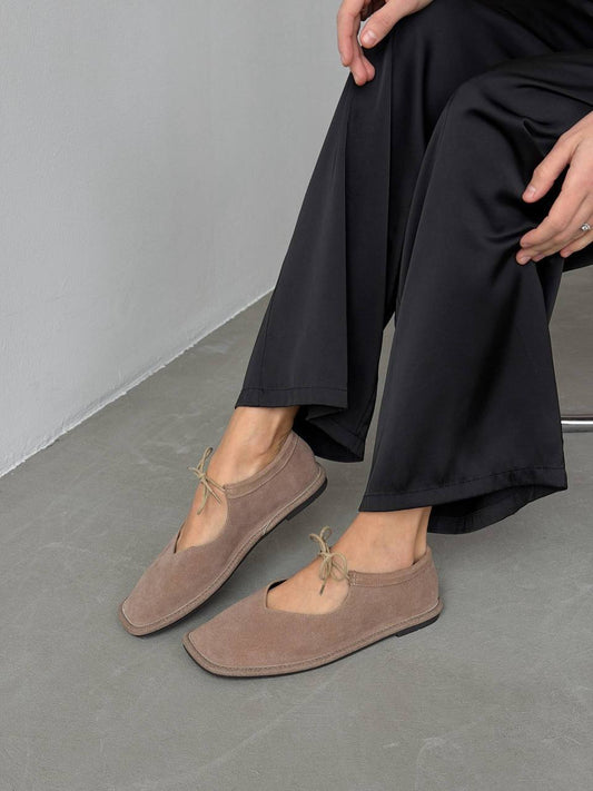 Балетки на зав'язках з анатомічно-розширеним носиком, бежевий