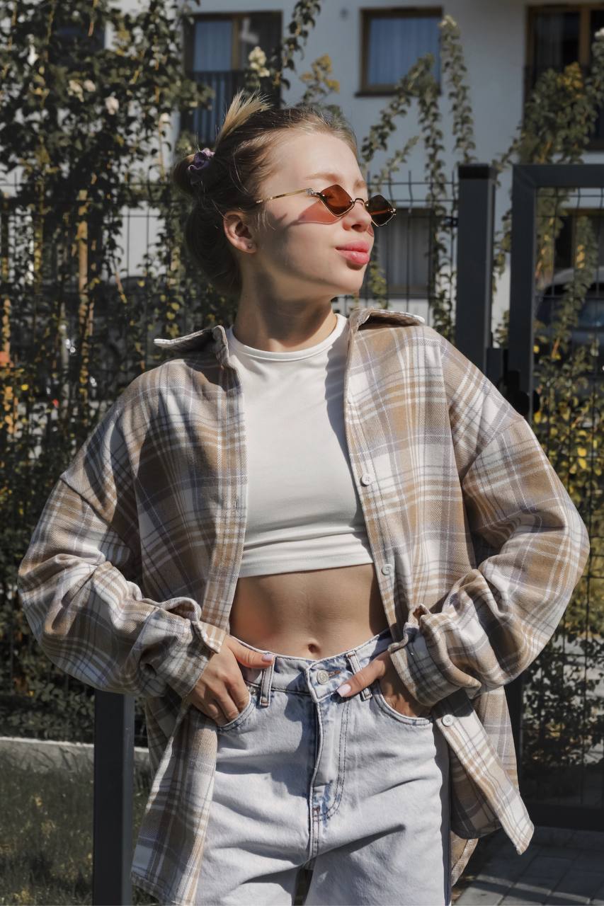 Сорочка в клітинку, колір беж